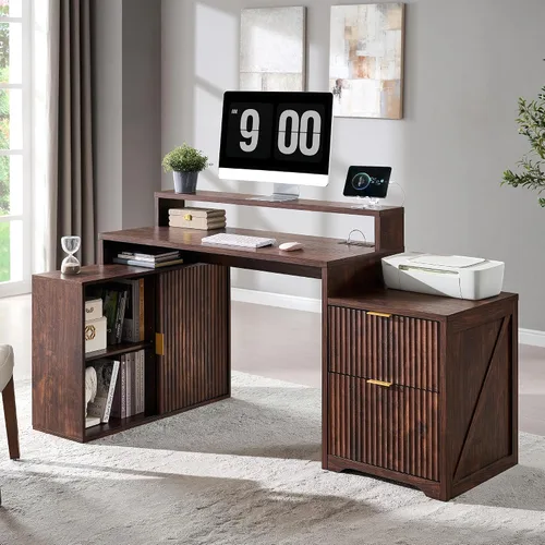 Miniatura 9 de JXQTLINGMU Escritorio ejecutivo moderno de 58 pulgadas con almacenamiento, escritorio de madera para oficina en casa con 5 cajones y 1 gabinete