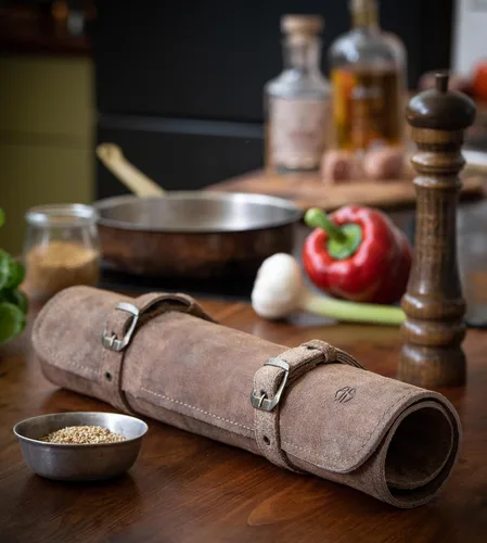 Miniatura 2 de Bolsa de rollo de cuchillos Cuero Genuino - Bolsa de cuchillos de chef 7 ranuras - Estuche de cuero para cuchillos Sam marrón (Brown/Antique)