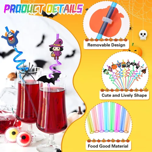 Miniatura 3 de JANYUN Pajitas de Halloween, 20 popotes de plástico reutilizables locos, regalos de fiesta de Halloween, lindos murciélagos, calabaza, gato