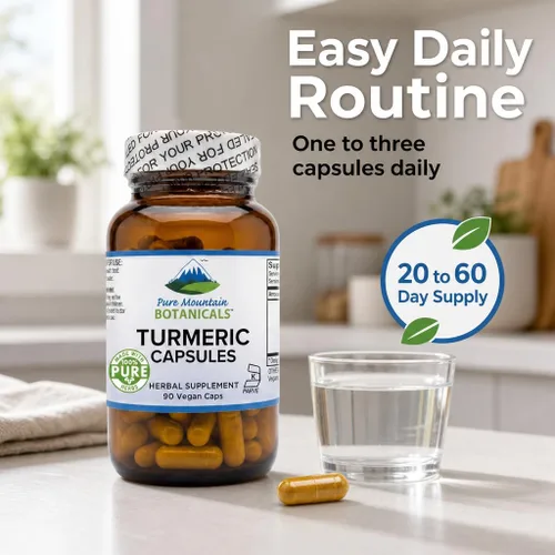 Miniatura 8 de Pure Mountain Botanicals Curcumina de cúrcuma con pimienta negra - 450 mg - 95% curcuminoides - 5 mg de piperina - 60 cápsulas Kosher veganas