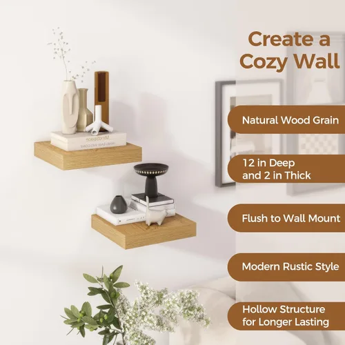Miniatura 5 de Fun Memories Estante flotante de 12 pulgadas, estantes de pared de madera rústica para decoración de pared y almacenamiento, estante flotante de 12