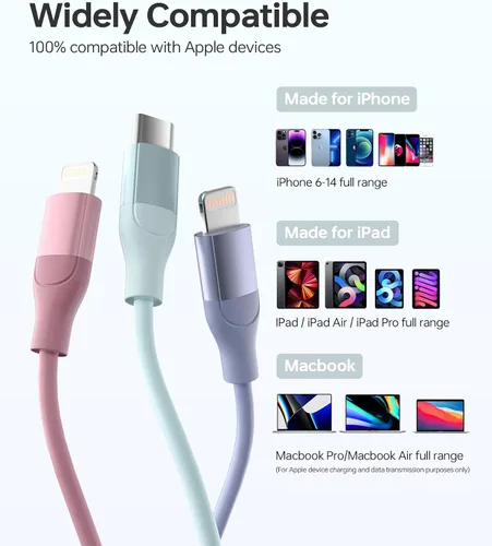 Miniatura 7 de Cable USB C a Lightning de Apple, paquete de 3 cargadores de iPhone de 6 pies con certificación MFi de carga rápida tipo C a Lightning, cable