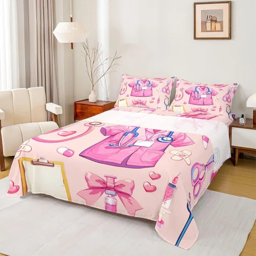 Miniatura 32 de Erosebridal Nurse Sheet Set Stethoscope Twin Sheets Set for Teen Boys,Colorful Medical Healthcare Heartbeat Syringe Fitted Sheet