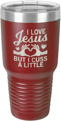 Miniatura 20 de Taza de viaje con texto en inglés "I Love Jessus I CUSS A LITTLE Engraved Tumbler", de acero con recubrimiento de polvo grabado con láser, sin BPA