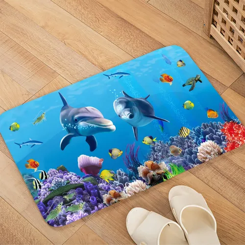 Miniatura 5 de LYFANS Alfombras absorbentes y antideslizantes para uso en cocina y baño, alfombrillas modernas de arte azul con delfín en 3D (61x41 cm)