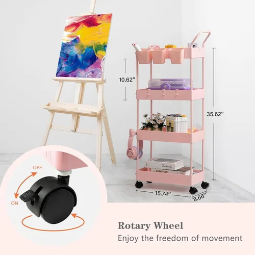 Miniatura 8 de Danpinera - Carrito de almacenamiento rosa delgado de 4 niveles, carrito de lavandería estrecho con ruedas, divisores, tazas para colgar, ganchos