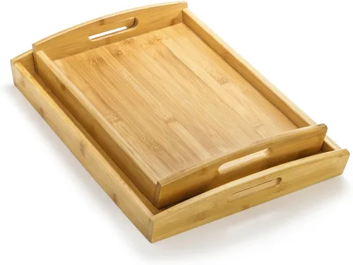 Miniatura 3 de Peohud Paquete de 4 bandejas de bambú para servir con asas, bandeja rectangular de comida de cocina para comer, bandejas de cena para comer