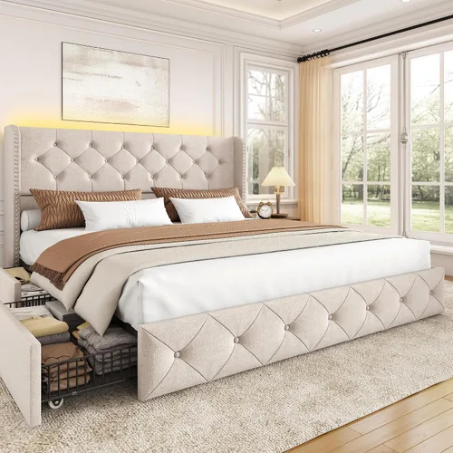 Miniatura 19 de BRELTAM Marco de Cama Tamaño Queen con Cajones de Almacenamiento y Cabecero Wingback Tapizado en Terciopelo Marco de Cama Plataforma Camas Blanco