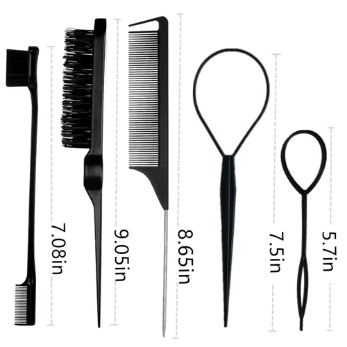 Miniatura 7 de Set de 5 piezas de cepillo para peinar hacia atrás con herramienta Topsy Tail, cerdas para peinar, peine de cola de rata para peinado de cabello