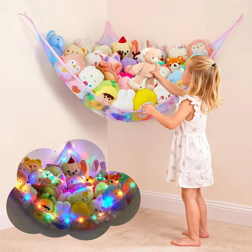 Miniatura 11 de Basumee Hamaca de animales de peluche con luz LED, organizador de red de juguetes de peluche, organizador de esquina para almacenamiento de animales