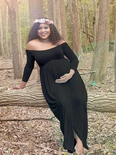 Miniatura 4 de YnimioAOX Vestido de maternidad de manga larga con hombros descubiertos para mujer, para fotografía, vestido de maternidad de gasa para sesión