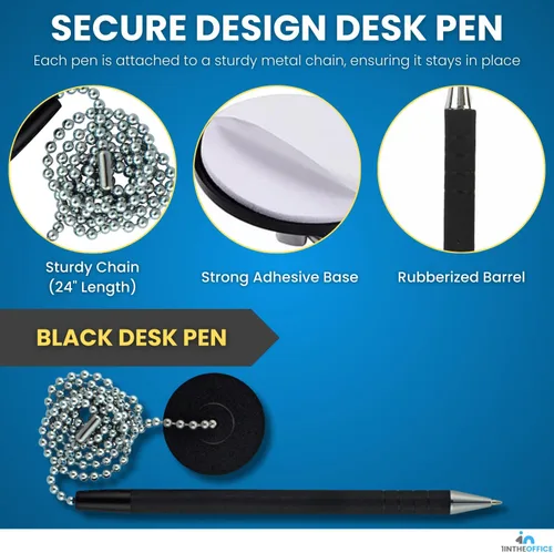 Miniatura 3 de 1InTheOffice Bolígrafo con cadena, bolígrafo de seguridad para mostrador, almohadilla redonda adhesiva, negro, paquete de 6
