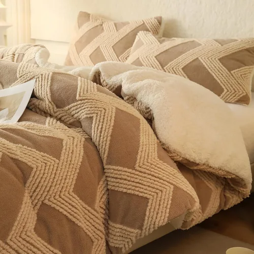 Miniatura 8 de tohrisa Seashell - Juego de edredón Jacquard Sherpa cálido y acogedor, ropa de cama premium de 2 piezas, tamaño individual con patrón geométrico