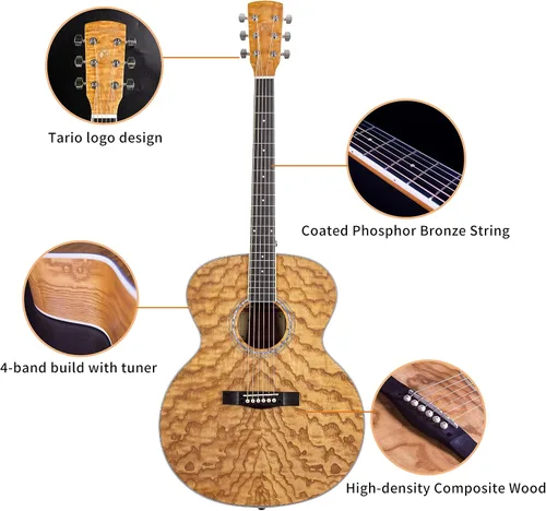 Miniatura 4 de TARIO 41 '' Antiguo Cuerpo Jumbo Guitarra Acústica Cuerpo Fresno Rizado Cuerpo Okoume Cuello Natural