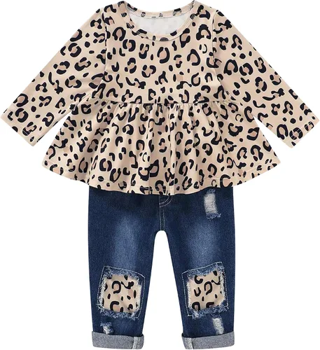 SANMIO Conjunto de ropa para niña, lindo conjunto de camiseta floral con mangas con volantes y pantalones de mezclilla rasgados