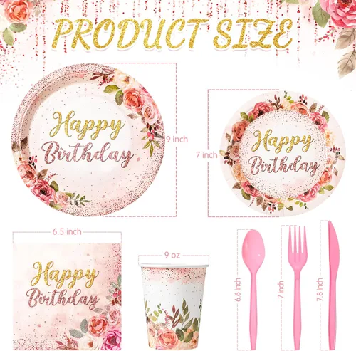 Miniatura 2 de Roshtia 175 piezas de suministros florales para fiesta, sirven a 25 invitados, juegos de vajilla de rosa de feliz cumpleaños para adultos y mujeres