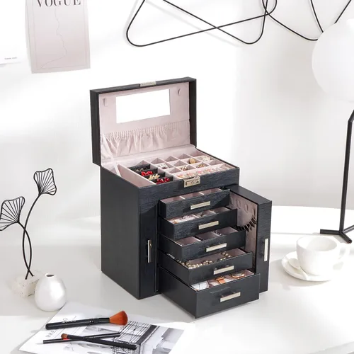 Miniatura 2 de ANWBROAD UJJB008B - Caja organizadora de joyas de 6 niveles con cerradura de espejo, soporte de joyería para aretes, anillos, pulseras, organizador
