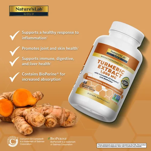 Miniatura 2 de Nature's Lab Extracto de cúrcuma con curcumina C3 y BioPerine 1000mg - Promueve la salud cardiovascular, la digestión y el sistema inmunológico - 60