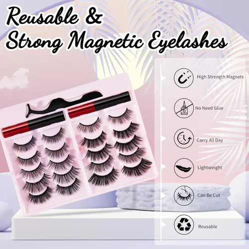 Miniatura 6 de [10 pares] Kit de pestañas magnéticas y delineador de ojos, pestañas magnéticas reutilizables con delineador de ojos y pinzas, pestañas postizas