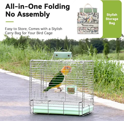 Miniatura 8 de Transportador Jaula de Viaje para Aves – Jaula de Viaje Plegable Portátil de Acero Inoxidable 304 con Tazas Comedero para Loros y Percha de Pie