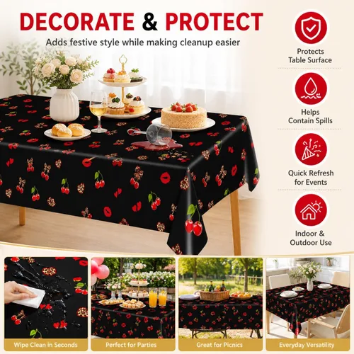 Miniatura 9 de 3 manteles de plástico desechables de 54 x 108 pulgadas, estampado de leopardo rojo y negro con labios rojos, manteles impermeables para cumpleaños
