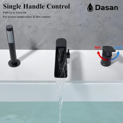 Miniatura 7 de DASAN DA-TF09WH-BK - Juego de grifo de bañera romano con rociador de ducha de mano de 3 agujeros, juego de grifo de bañera romana de cascada negro