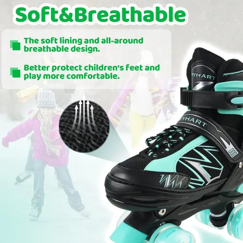 Miniatura 4 de Patines de ruedas para niños y niñas, niños pequeños, principiantes, ajustables, 4 tamaños, patines cuádruples para niños con todas las ruedas Verde