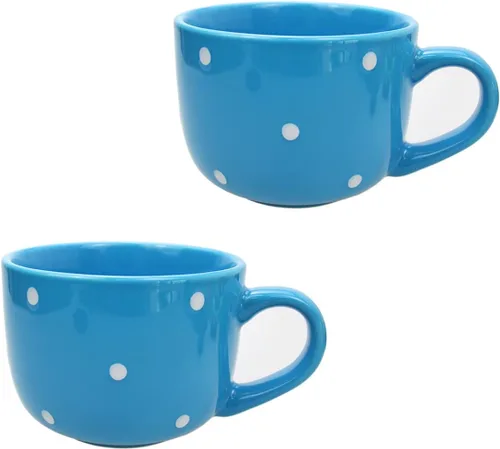 Miniatura 9 de CHOOLD Taza de café de cerámica con lunares, taza de té, tazas gigantes, cuenco de sopa con asa, 15 onzas Azul