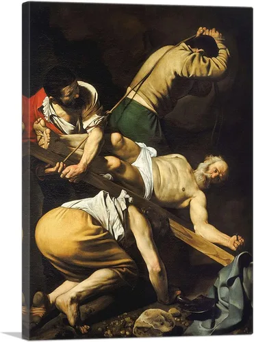 ARTCANVAS Caravaggio - Póster de la Crucifixión de San Pedro 1600, pintura enmarcada estirada, póster giclée, decoración de pared, 18 x 12 pulgadas