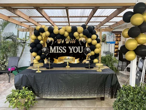 Miniatura 3 de Fondo de fiesta de despedida de jubilación We Will Miss You Black Gold Glitter Balloon Photography Background Goodbye Going Away Retirement Bye