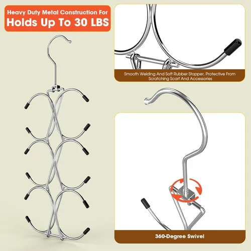 Miniatura 5 de Percha para bufandas, paquete de 2 unidades, 24 almacenamientos, colgador de bolso con gancho giratorio de 360, organizador de bufandas para Plateado