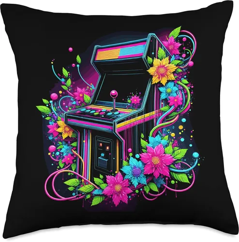 Miniatura 4 de Retro 80s Floral Arcade Machine Vector Throw Pillow