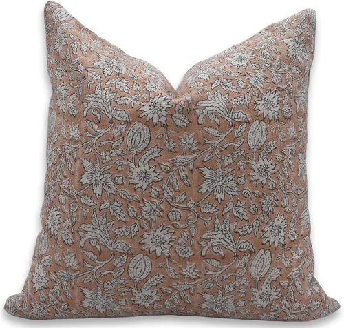 Funda de cojín vintage hecha a mano con estampado de bloques de lino grueso de 22 x 22, con cremallera, para sofá, sillón y cama, decoración de