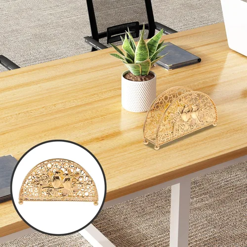 Miniatura 9 de Vertical Metal Napkin Holder for Countertop, Table Napkin Stand with Creative Fan-shaped Hollow Design, Gold Rustic Kitchen Tissue Dispenser for