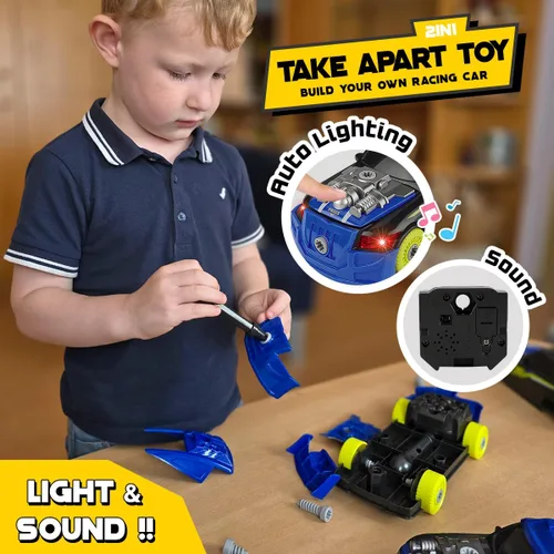Miniatura 2 de GILOBABY 26 piezas de juguetes desmontables para niños, coche de carreras con taladro eléctrico, sonidos y luces, juguetes de construcción
