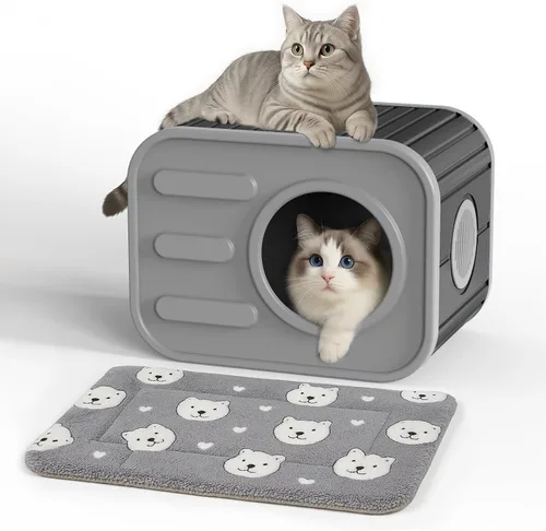 Miniatura 11 de PatioZen Cama para gatos de interior, casa en cubo, resistente a la intemperie, refugio aislado de plástico con suelo elevado, apilable