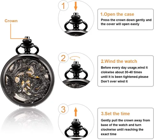 Miniatura 6 de ManChDa Antique Mechanical Pocket Watches for Men Lucky Dragon Phoenix Pocket Watch with Chain Skeleton Dial Roman Numerals Gifts for Fathers Day