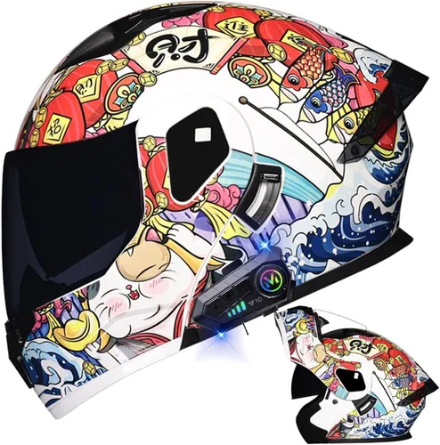 Miniatura 50 de Casco modular Bluetooth para motocicleta, aprobado por DOT, de cara completa, abatible, antivaho, doble visera, casco de motocicleta de calle, LENTE