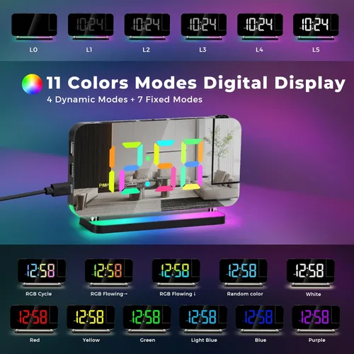 Miniatura 2 de Reloj despertador de proyección, relojes digitales LED RGB de 18.8 cm de pantalla grande, con proyector giratorio de 180°, luz nocturna, puerto