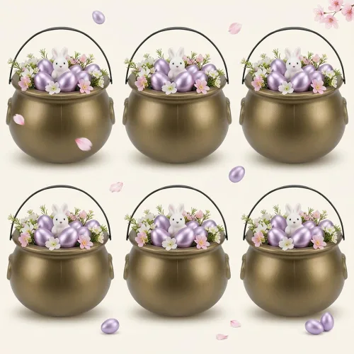Miniatura 40 de PMU Caldero de Pascua de 8 pulgadas, 6 unidades, caldero de plástico verde, decoración de Pascua para decoración del hogar y fiesta