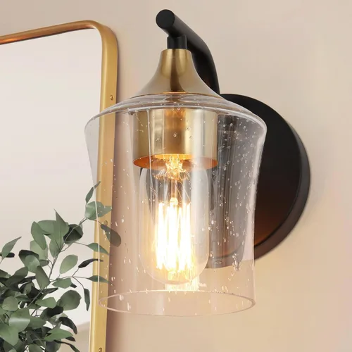 KSANA Aplique negro y dorado, apliques de pared modernos con detalles de vidrio sembrado y latón para baño, dormitorio, pasillo y sala de estar