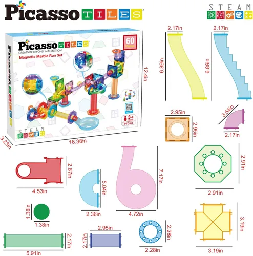 Miniatura 7 de PicassoTiles Carrera de Canicas Juego de 60 piezas, pista de carreras, bloques de construcción magnéticos, juguete educativo, kit de construcción