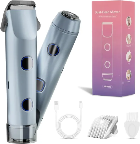 2-in-1 Bikini Trimmer for Women, Bikini Shaver with Dual Heads, Body and Facial Hair Removal, Cordless Rechargeable Electric Razors for Face Chin