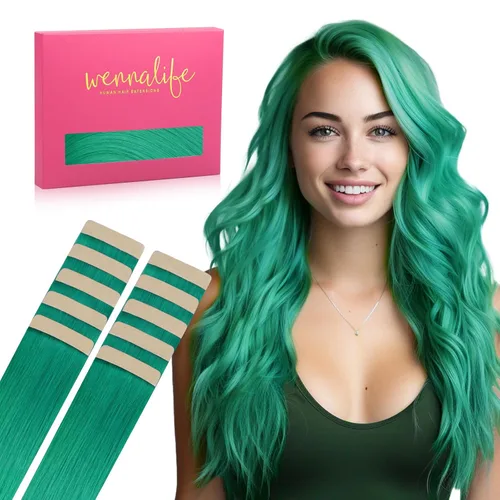 Wennalife Extensiones de cabello humano con cinta, extensiones de cabello humano color verde, 10 unidades, 0.88 oz, 14 pulgadas, extensiones de