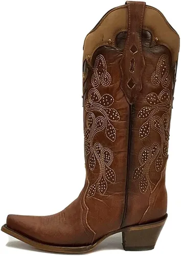 Corral Boots Milagro - Botas para mujer, con incrustaciones y tachuelas, punta recortada, tacón bajo de media pantorrilla, 1-2 pulgadas, color marrón