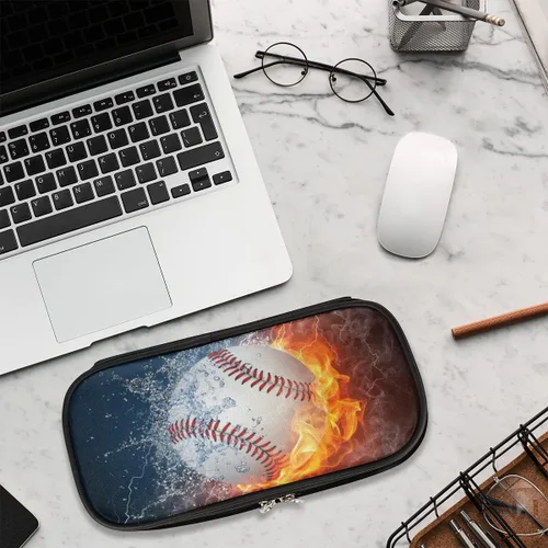 Miniatura 7 de Estuche de cuero blanco de béisbol 3D para lápices, organizador de papelería de gran capacidad, bolsa para lápices con agua y fuego para niños