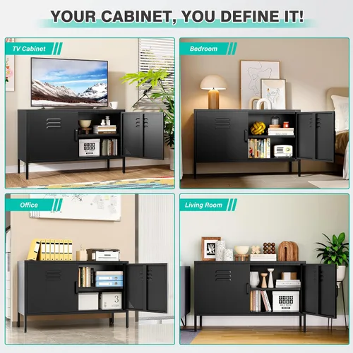Miniatura 6 de SISESOL Armario de almacenamiento de metal negro con puertas y estantes, armario de almacenamiento de metal ancho de 2 puertas con patas y orificio