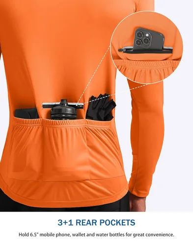 Miniatura 3 de Bikewa Maillot de ciclismo para hombre con 3+1 bolsillos traseros con cremallera, manga larga, absorción de humedad, UPF 50+ media cremallera