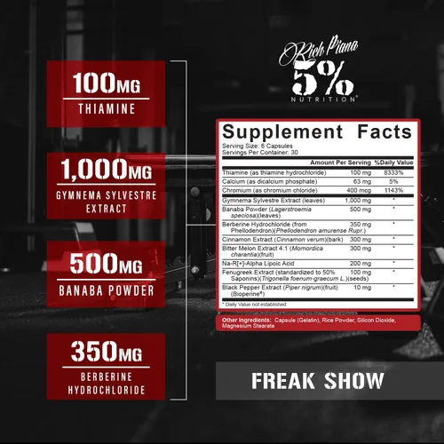 Miniatura 2 de 5% Nutrition Rich Piana Freak Show Constructor de músculo Berberina, Gymnema Sylvestre, polvo de banaba 180 cápsulas (30 días)