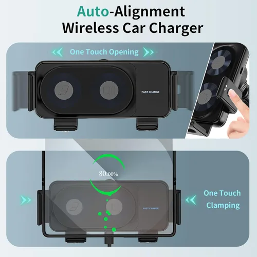 Miniatura 3 de Soporte inalámbrico para cargador de coche, 15 W, doble bobina de un solo toque, soporte giratorio para teléfono de coche, cargador inalámbrico